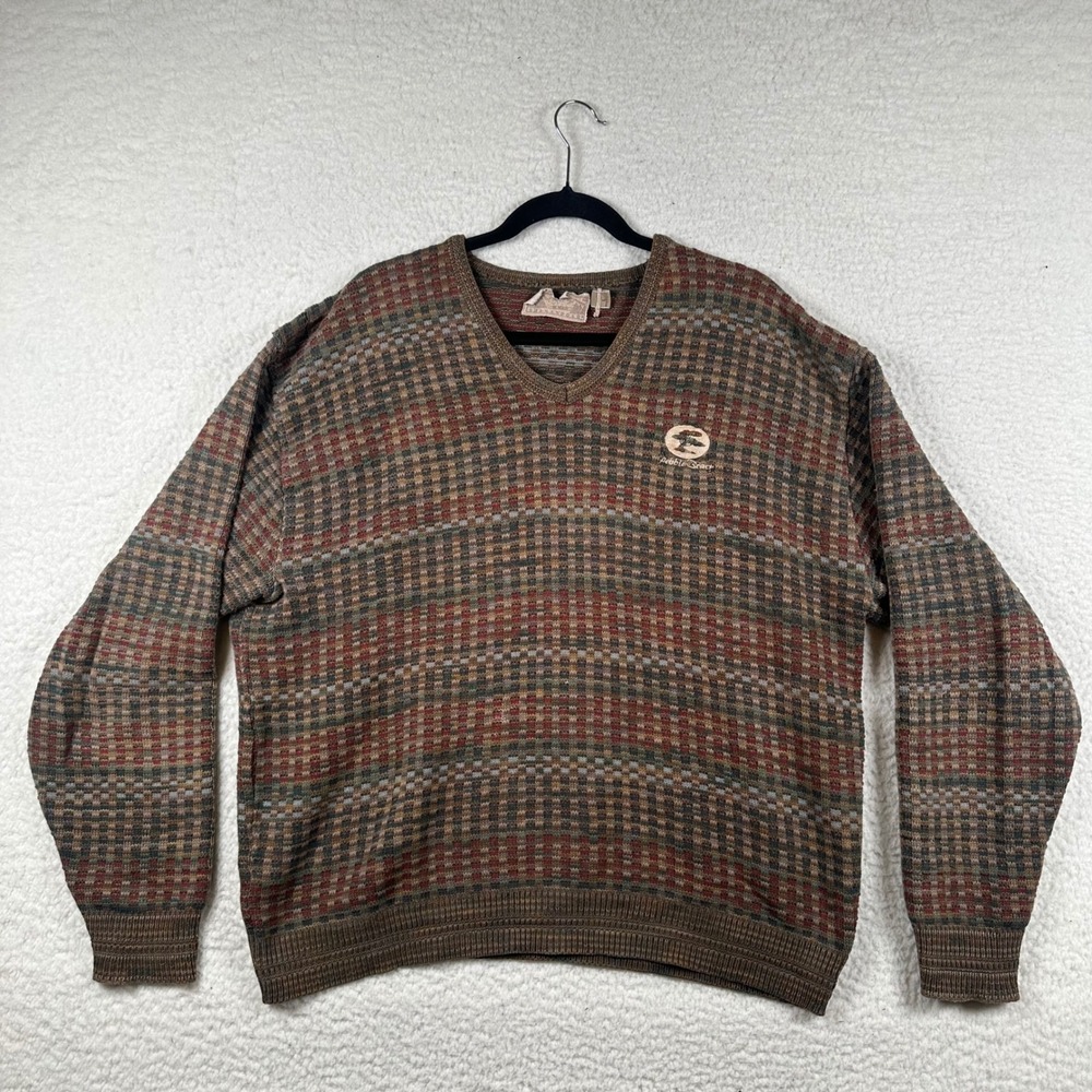 Vtg Shenandoah Sweater Men L Golf V-Neck Checkered Knit Brown Earthy Grandpacore